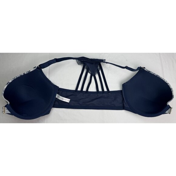CACIQUE Boost Plunge Blue Floral Bra Front‎ Closure Underwire Lace Racerback 44D - Picture 6 of 13